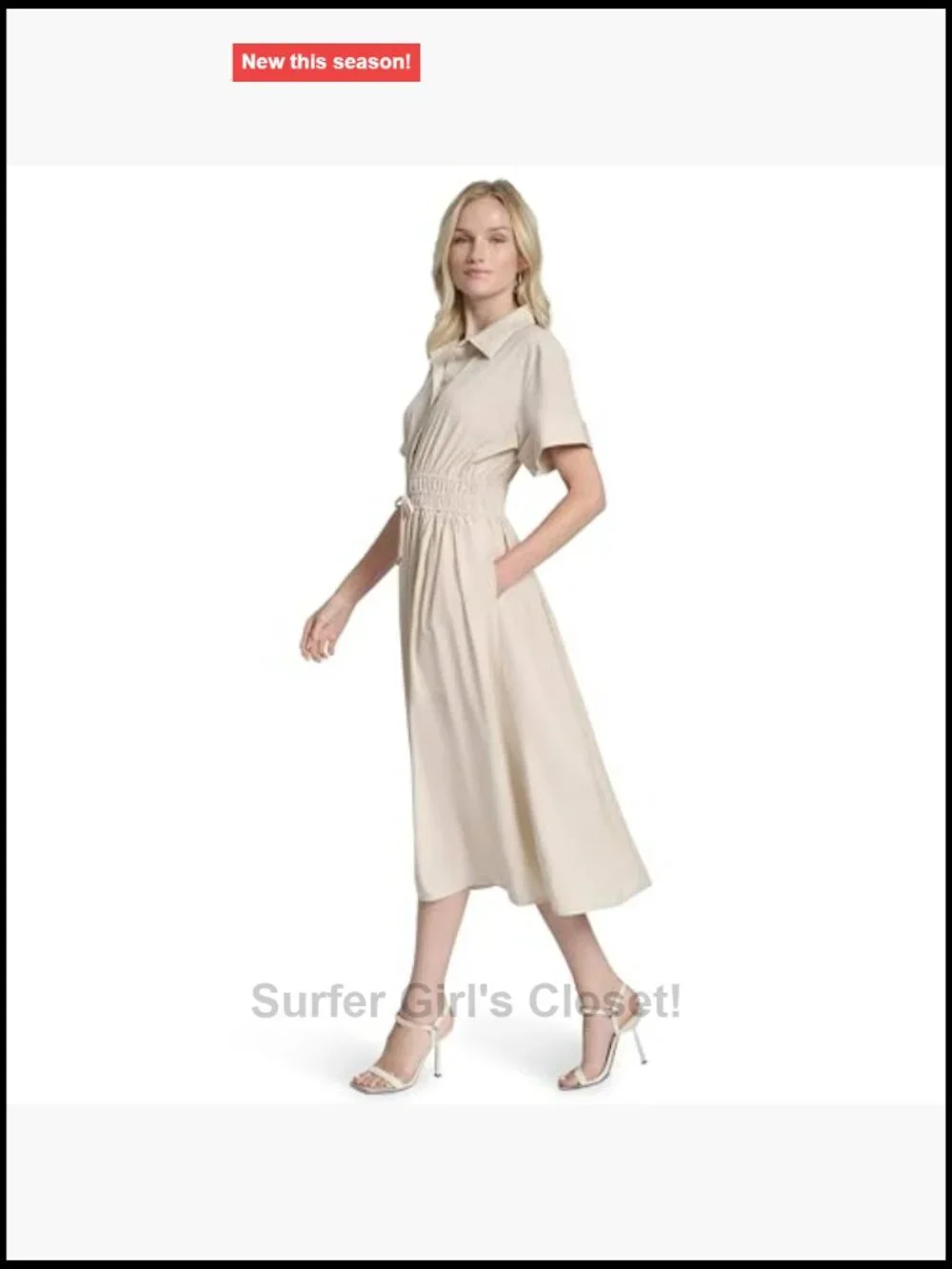 DKNY Short Sleeve Collared Neck Faux Drawstring Cinched Waist Button Front Dress